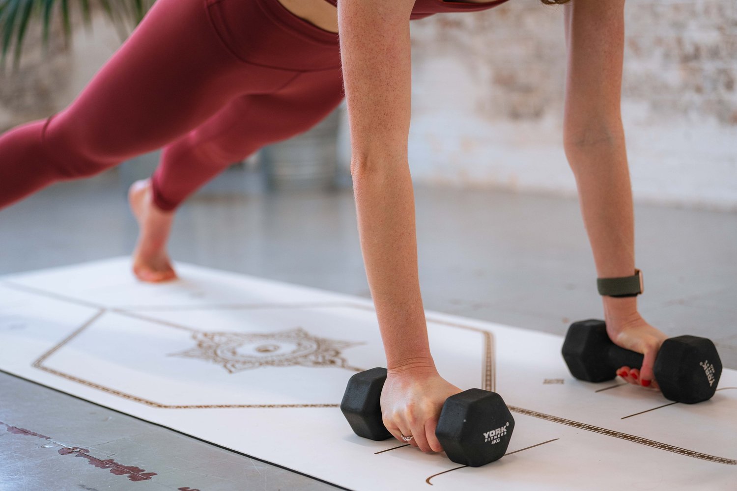 Bridget demonstrating a plank using dumbbells